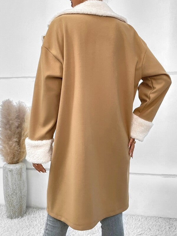 Faux Shearling Collar Double Breasted Long Coat - Khaki - 3