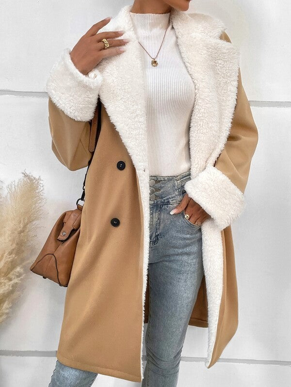 Faux Shearling Collar Double Breasted Long Coat - Khaki - 5