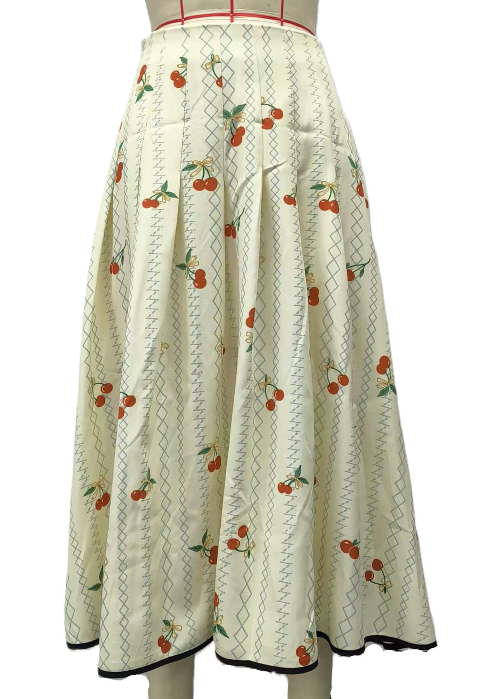 Pleated A Line Maxi Skirt with Contrast Trim - Cherry