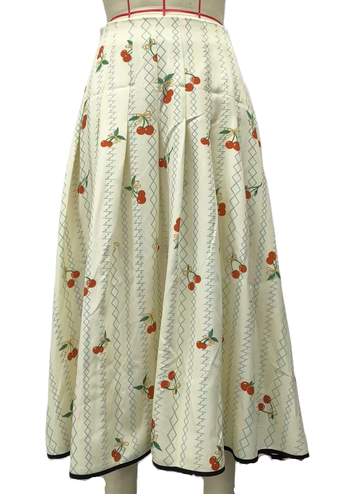 Pleated A Line Maxi Skirt with Contrast Trim - Cherry