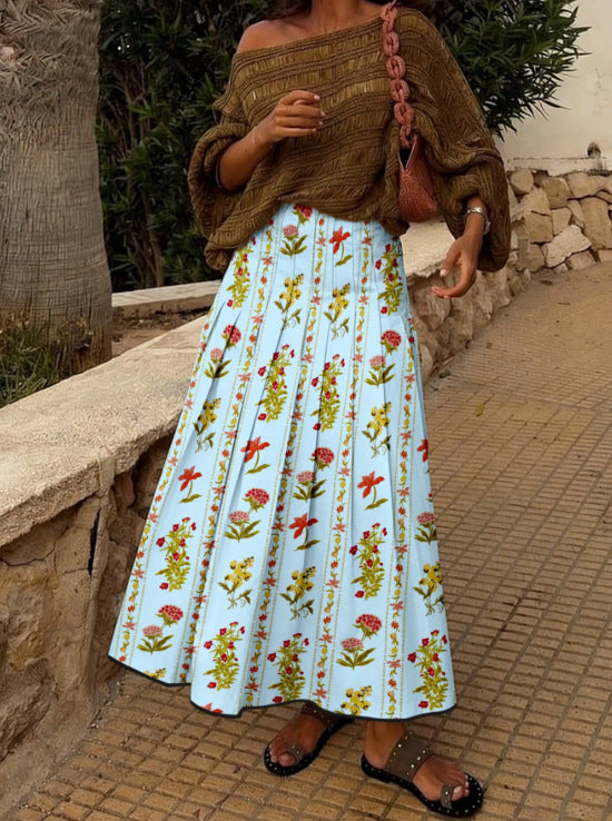 Pleated A Line Maxi Skirt with Contrast Trim - Floral_B