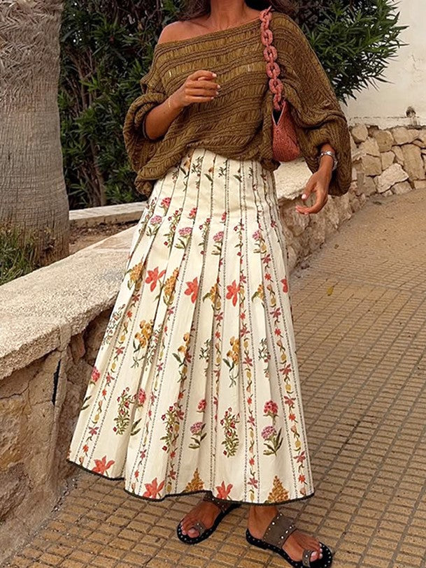Pleated A Line Maxi Skirt with Contrast Trim - Floral_W