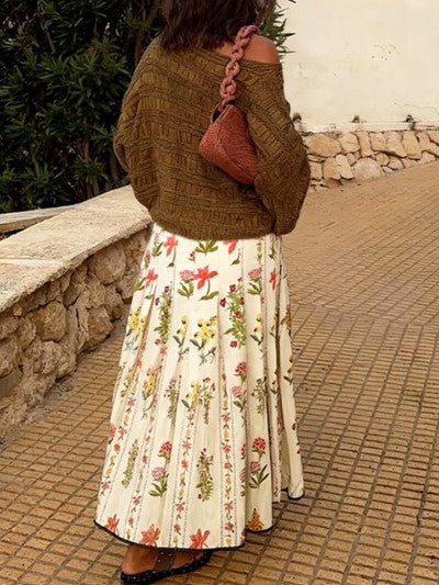 Pleated A Line Maxi Skirt with Contrast Trim - Floral_W - 1