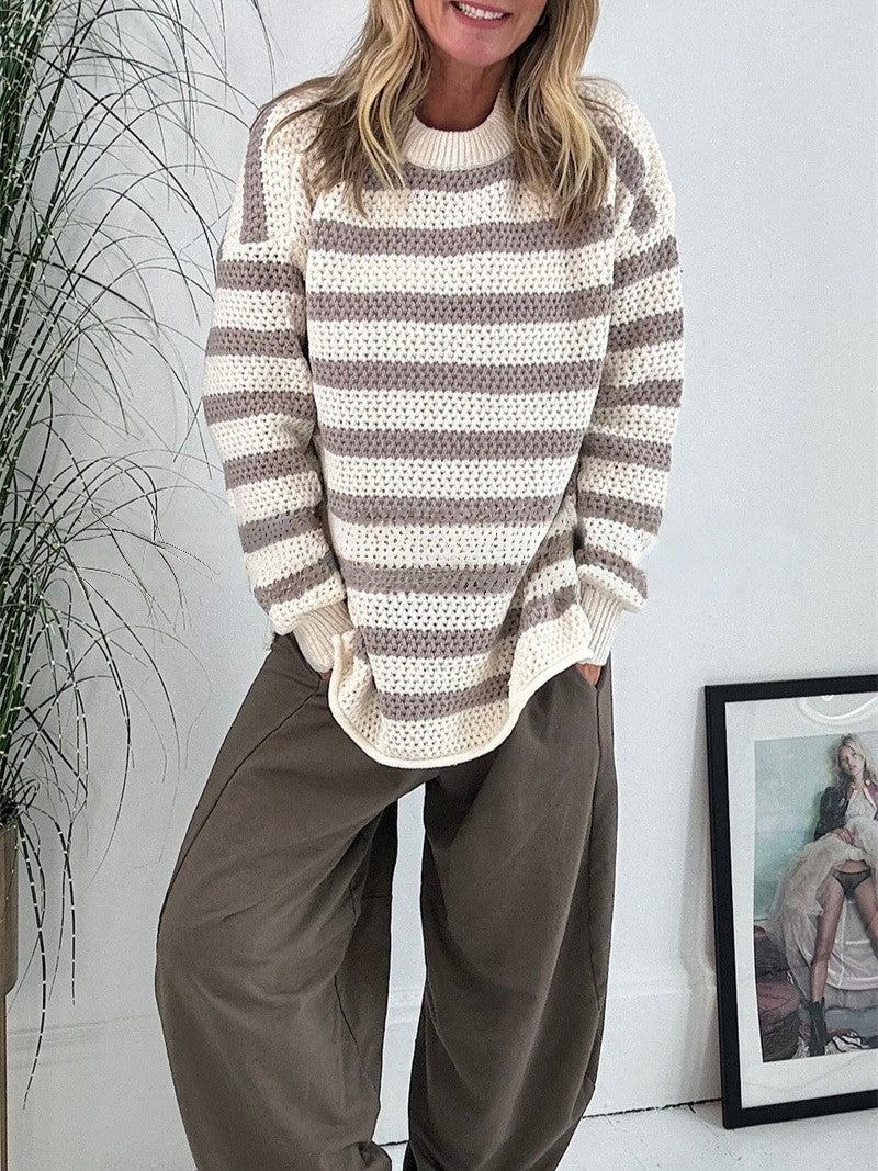 Striped Open Knit Oversized Pullover Sweater - Khaki - 1