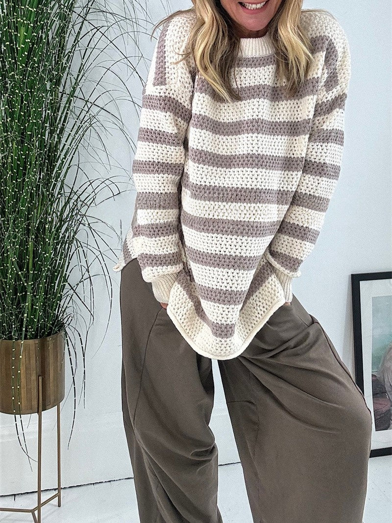 Striped Open Knit Oversized Pullover Sweater - Khaki - 2