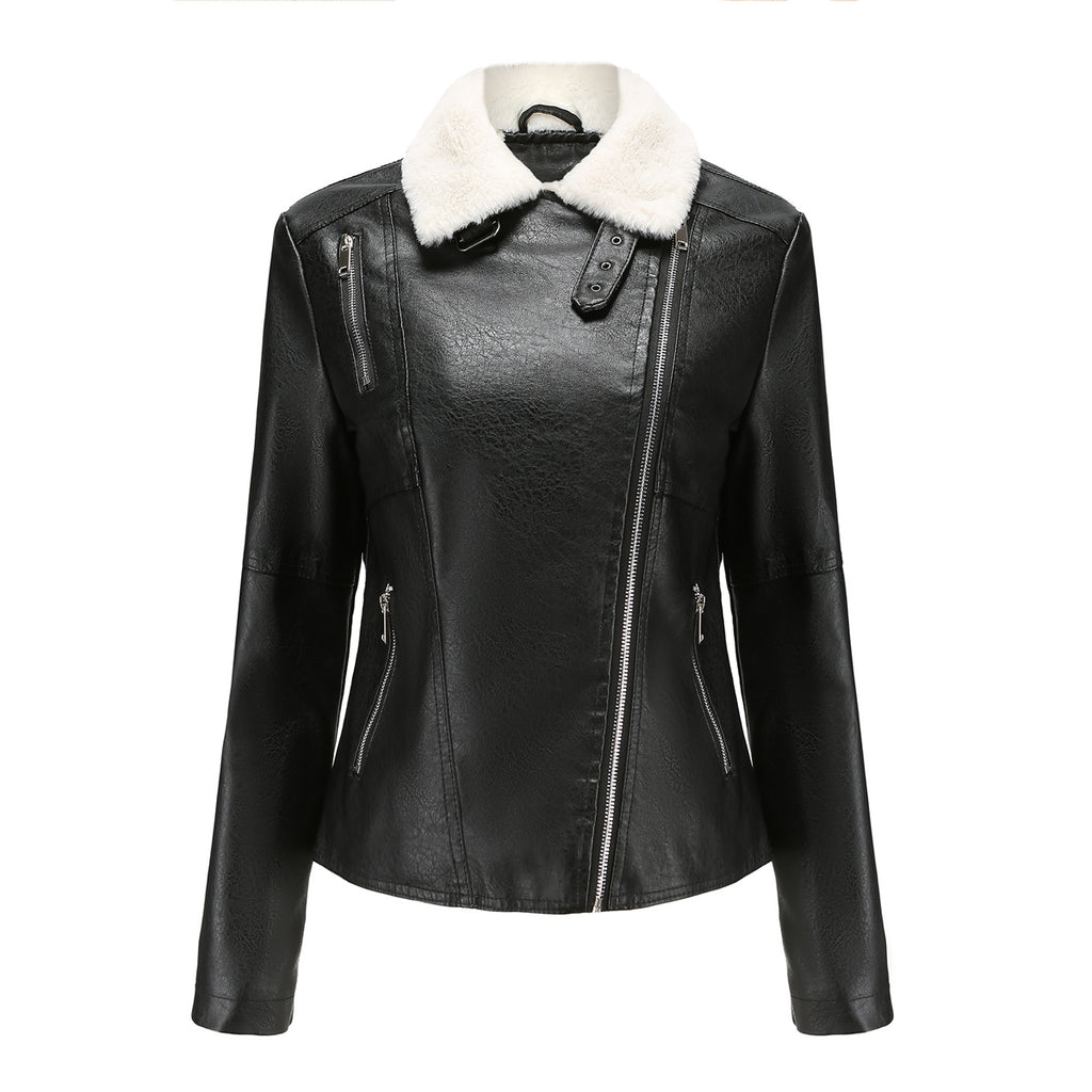 Faux Fur Collar Cropped Biker Jacket - Black