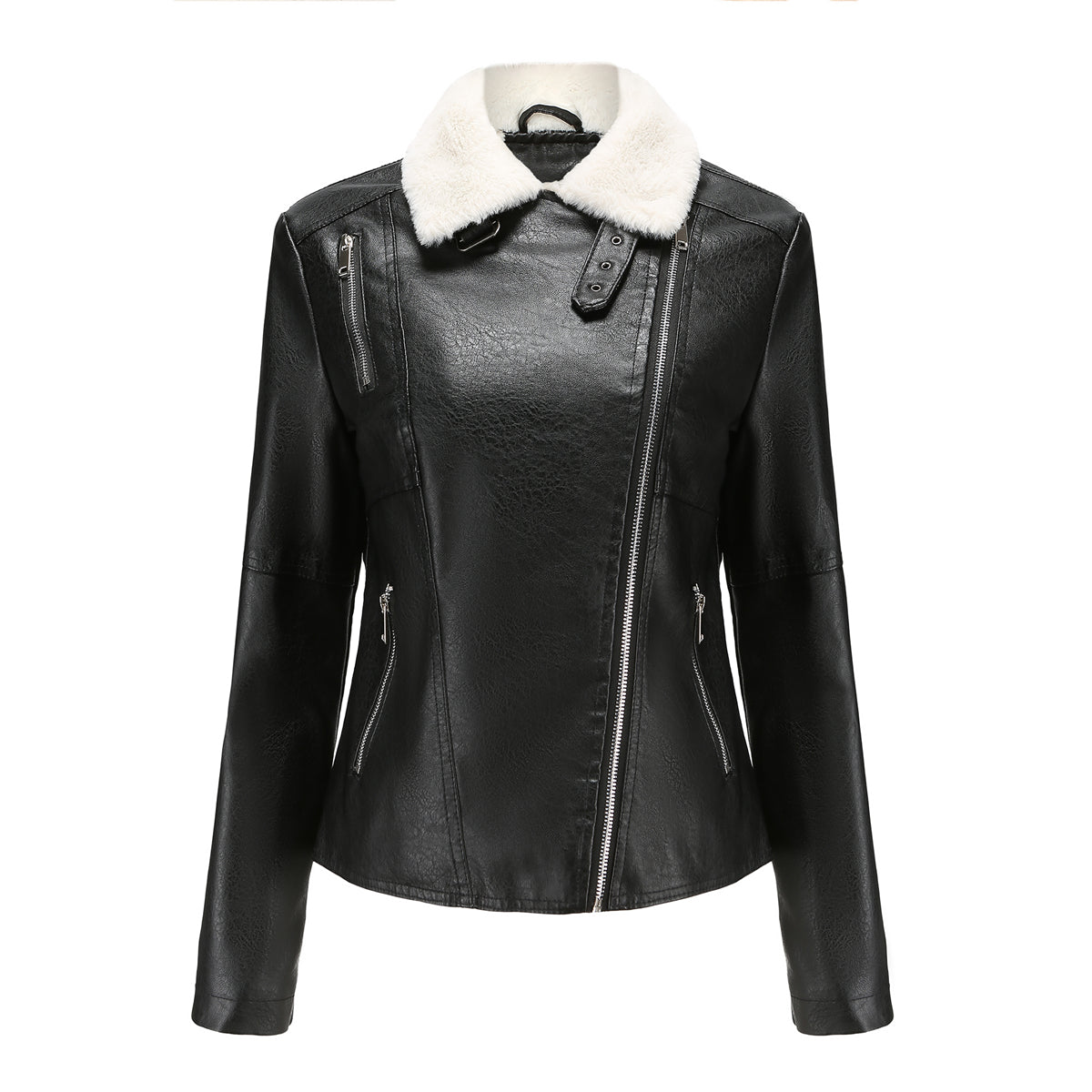 Faux Fur Collar Cropped Biker Jacket - Black