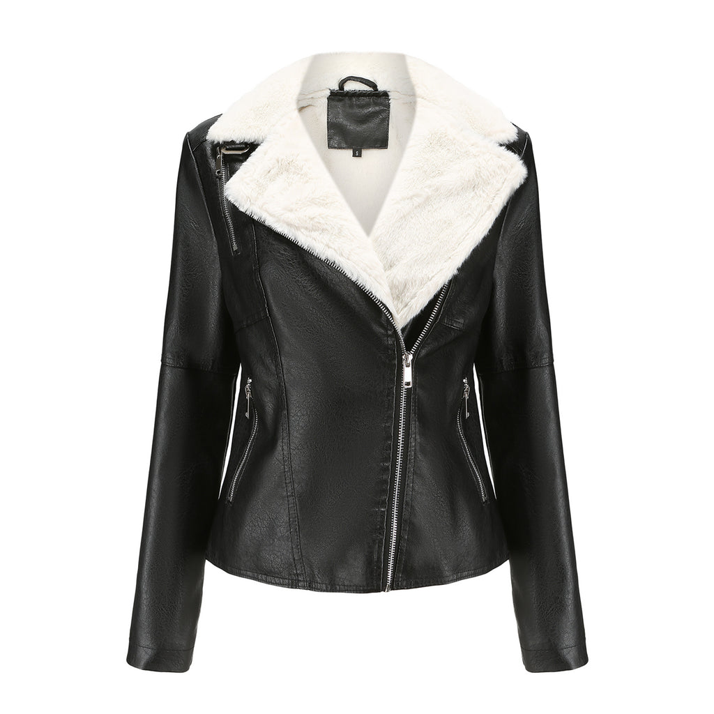 Faux Fur Collar Cropped Biker Jacket - Black - 1