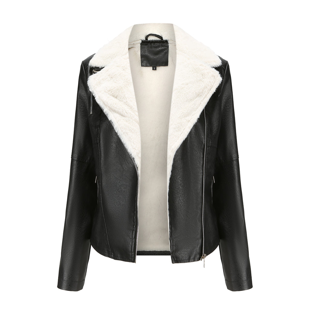 Faux Fur Collar Cropped Biker Jacket - Black - 11