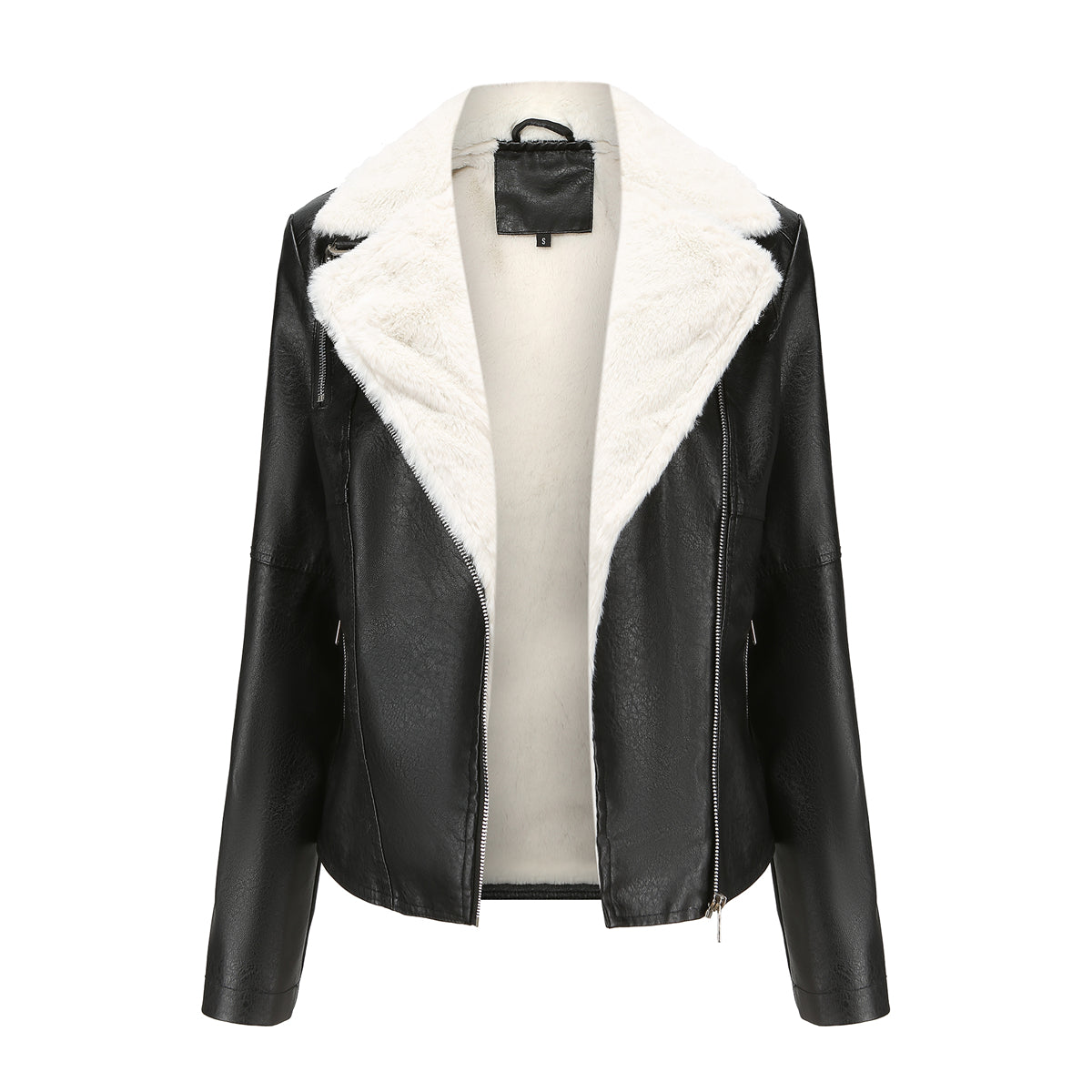 Faux Fur Collar Cropped Biker Jacket - Black - 11