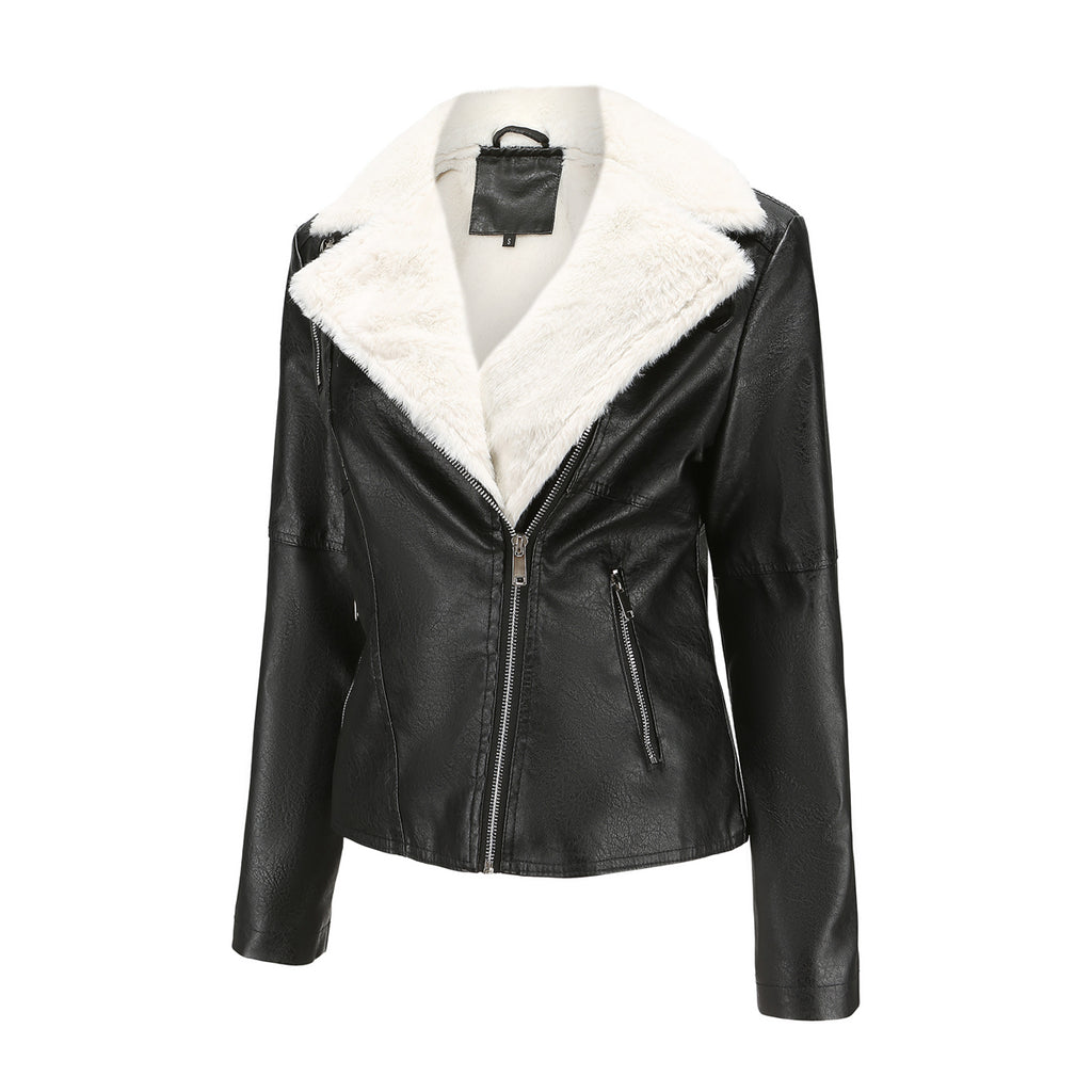 Faux Fur Collar Cropped Biker Jacket - Black - 2