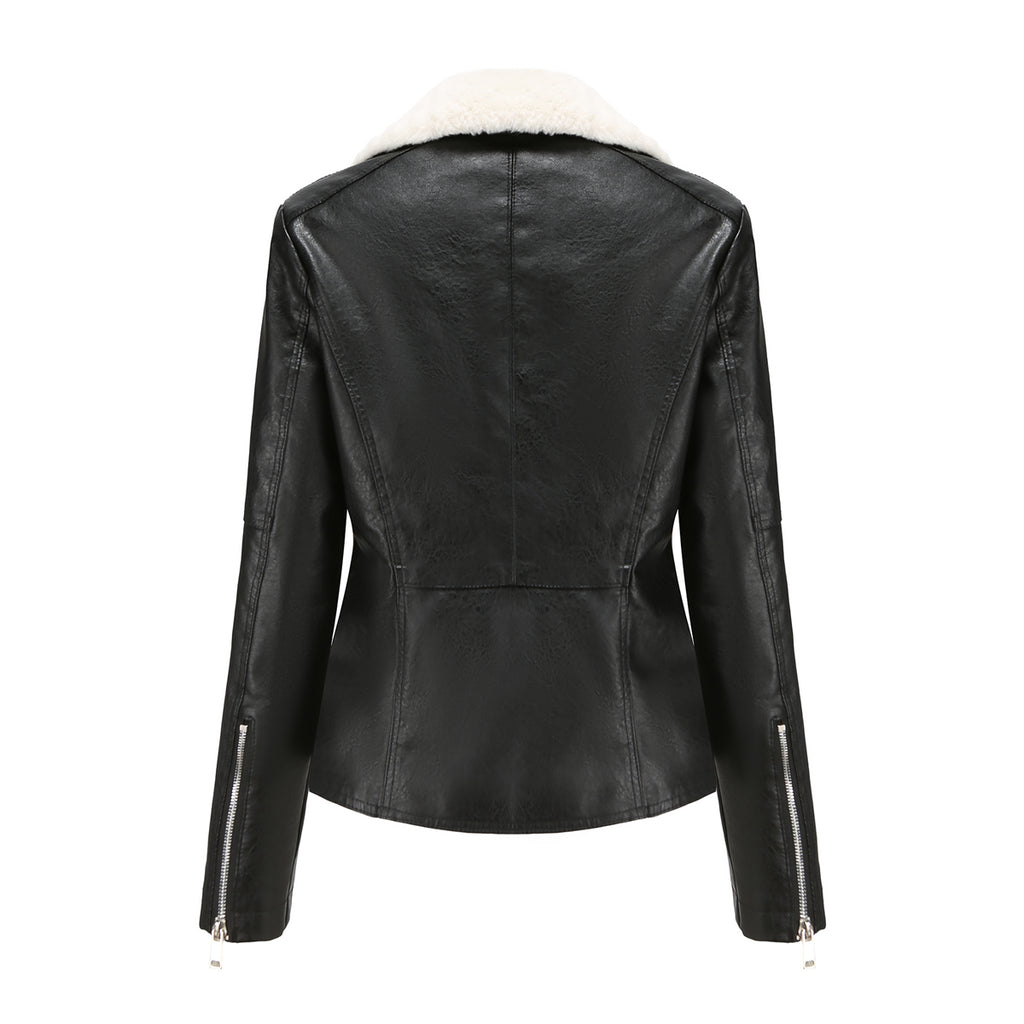 Faux Fur Collar Cropped Biker Jacket - Black - 3
