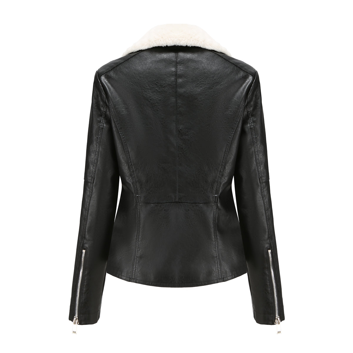 Faux Fur Collar Cropped Biker Jacket - Black - 3