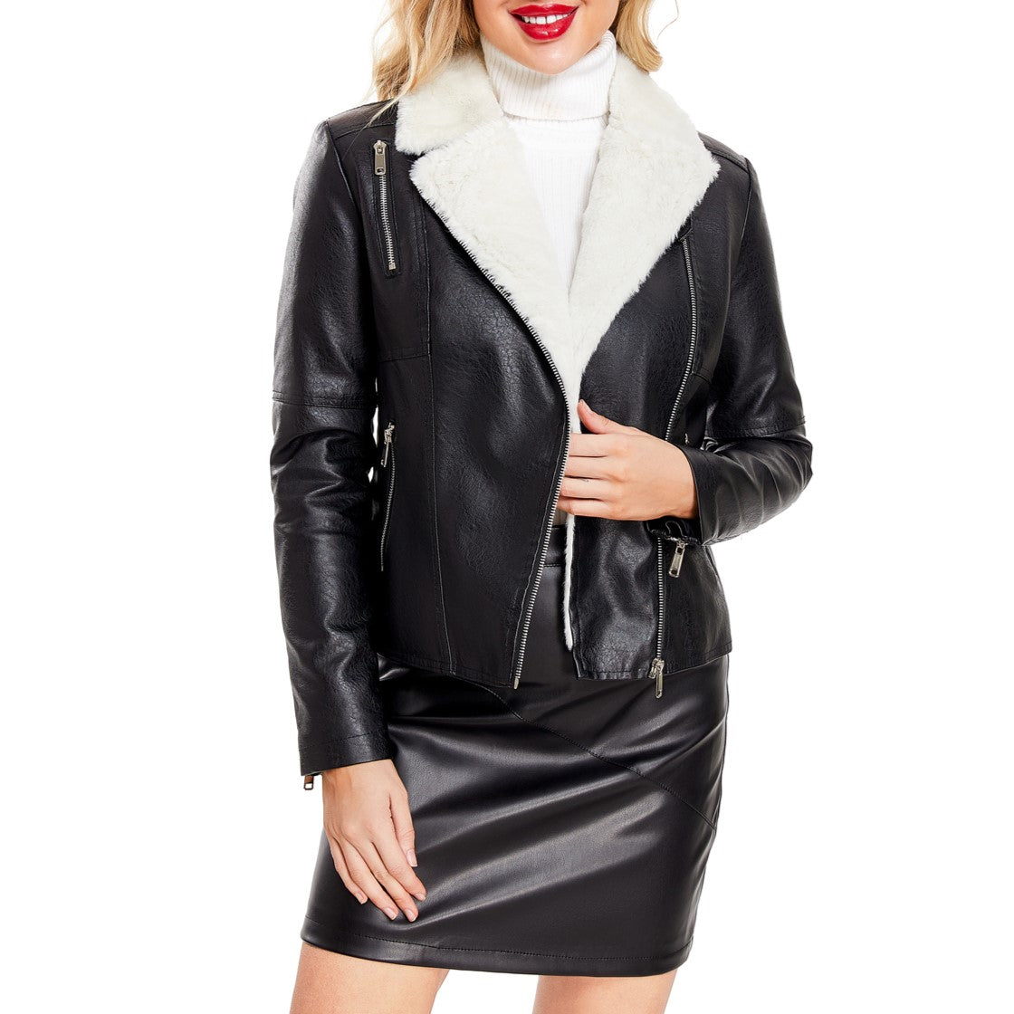 Faux Fur Collar Cropped Biker Jacket - Black - 6