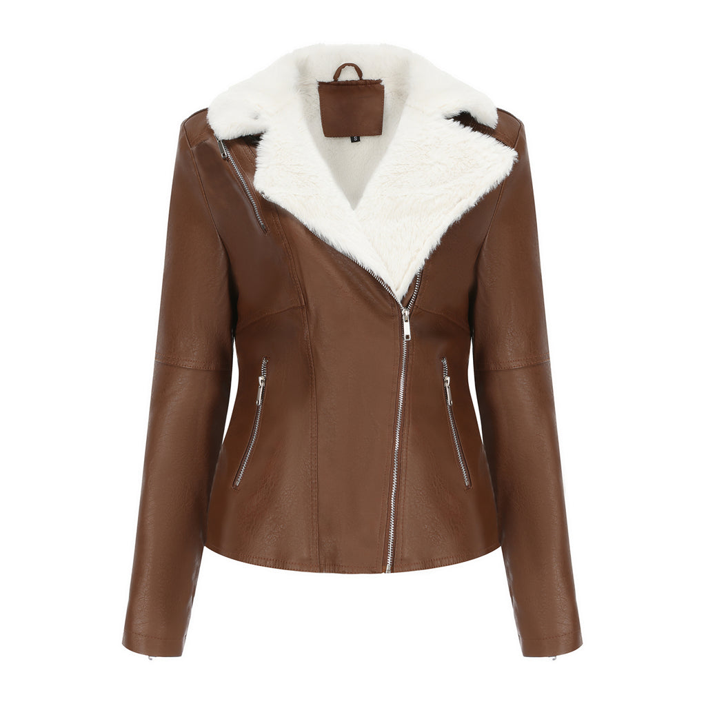 Faux Fur Collar Cropped Biker Jacket - Brown