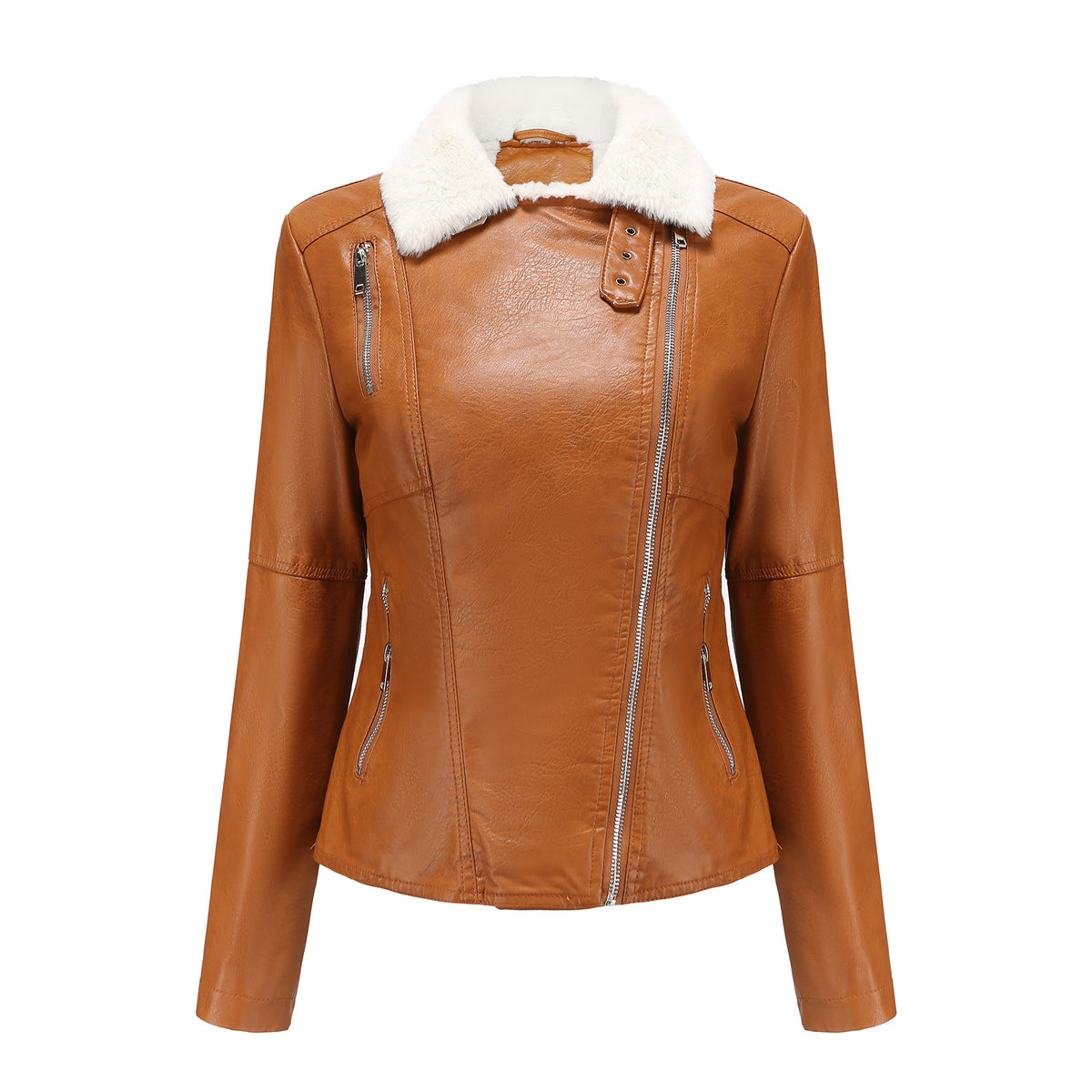 Faux Fur Collar Cropped Biker Jacket - Camel - 1