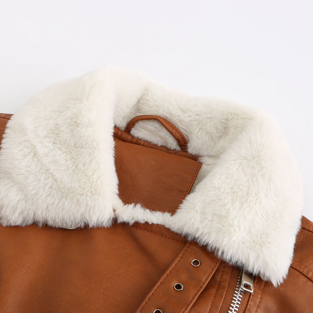 Faux Fur Collar Cropped Biker Jacket - Camel - 10