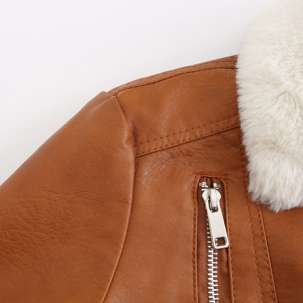 Faux Fur Collar Cropped Biker Jacket - Camel - 11