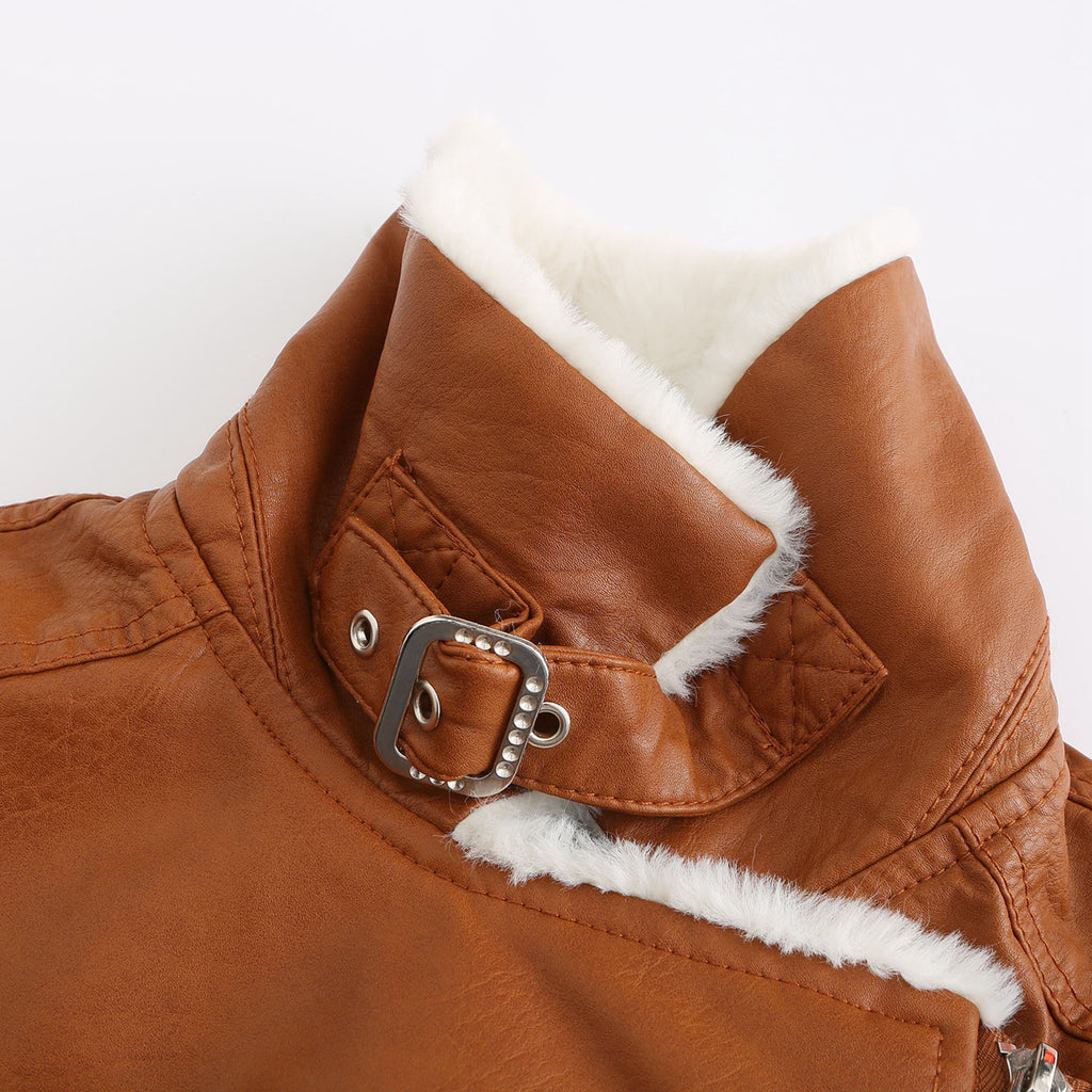 Faux Fur Collar Cropped Biker Jacket - Camel - 12