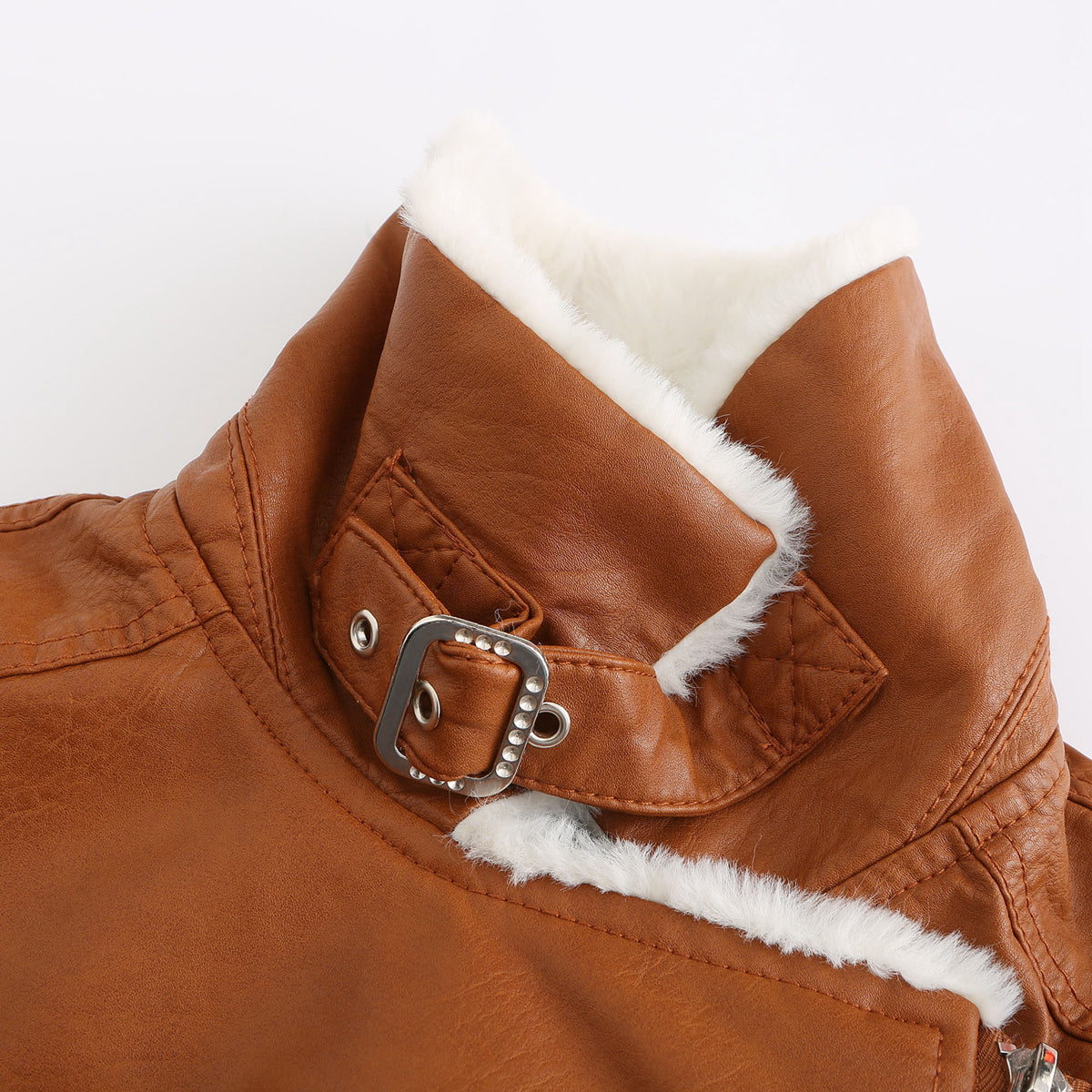 Faux Fur Collar Cropped Biker Jacket - Camel - 12