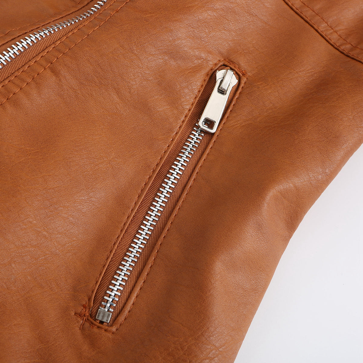 Faux Fur Collar Cropped Biker Jacket - Camel - 15