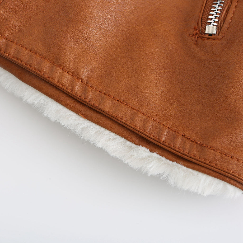 Faux Fur Collar Cropped Biker Jacket - Camel - 16