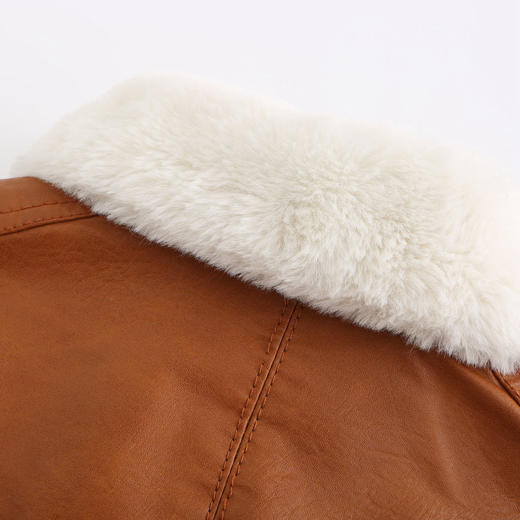 Faux Fur Collar Cropped Biker Jacket - Camel - 17