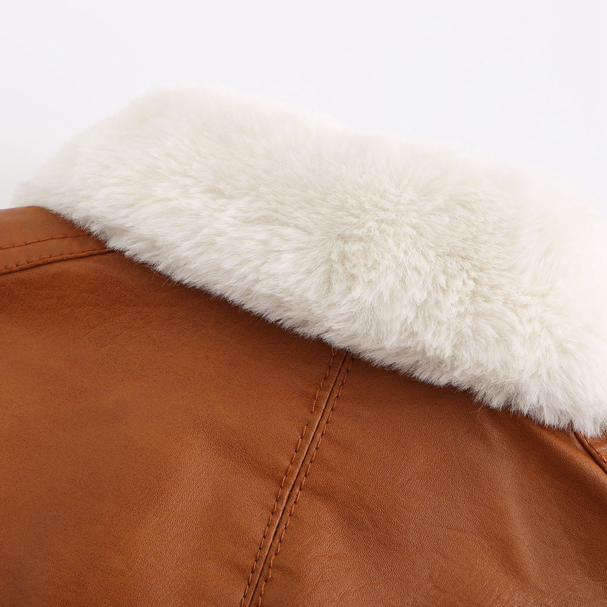 Faux Fur Collar Cropped Biker Jacket - Camel - 17