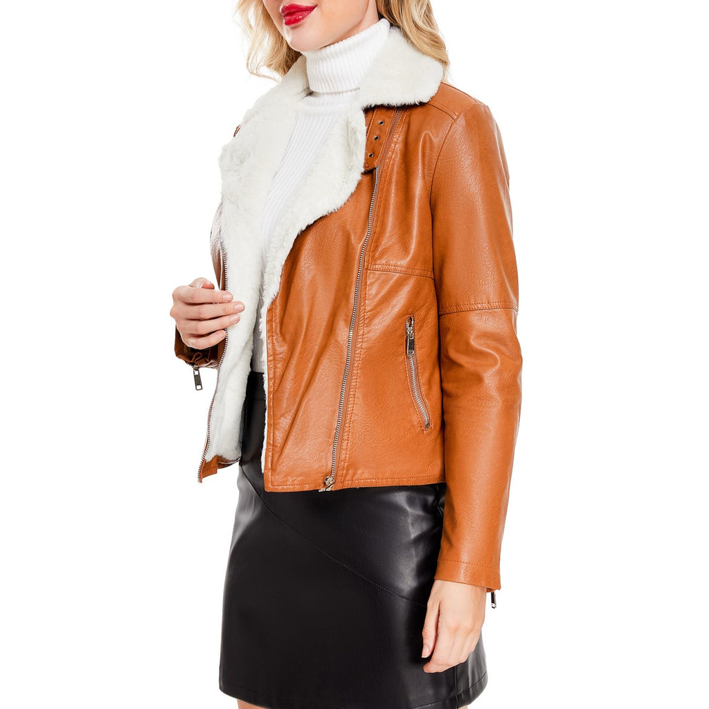 Faux Fur Collar Cropped Biker Jacket - Camel - 3