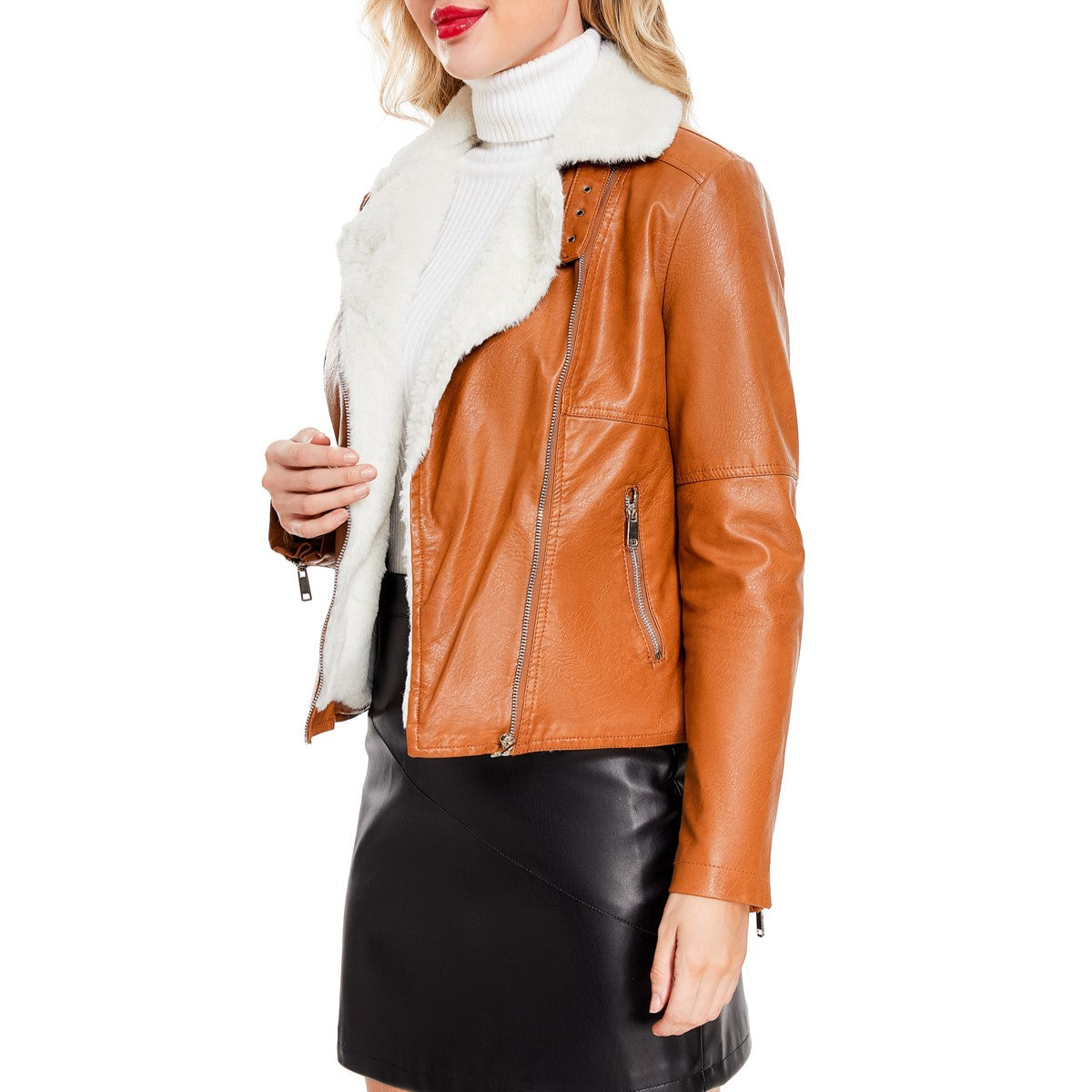 Faux Fur Collar Cropped Biker Jacket - Camel - 3