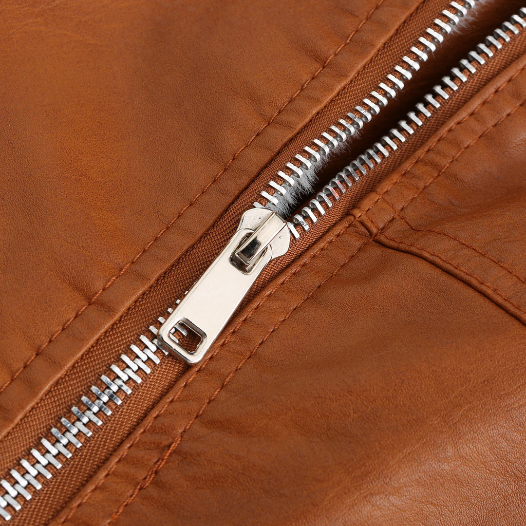 Faux Fur Collar Cropped Biker Jacket - Camel - 9