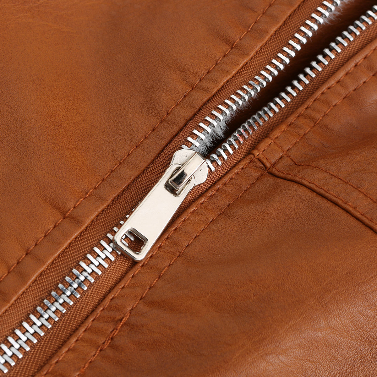 Faux Fur Collar Cropped Biker Jacket - Camel - 9