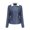 Faux Fur Collar Cropped Biker Jacket - Navy