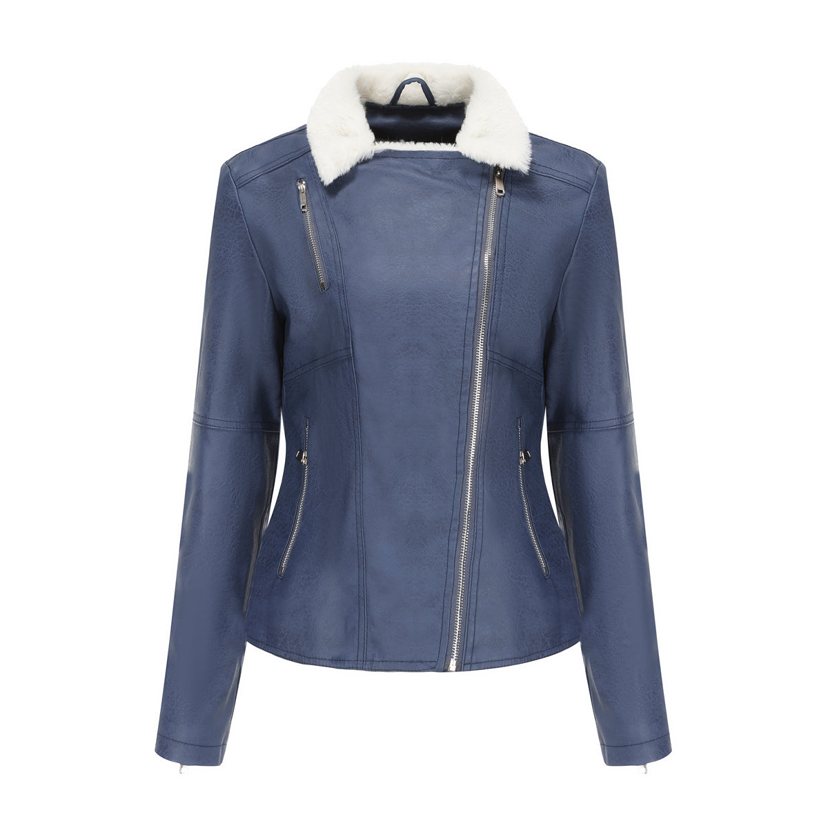 Faux Fur Collar Cropped Biker Jacket - Navy