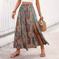 Paisley Print Side Slit Maxi Skirt - Green