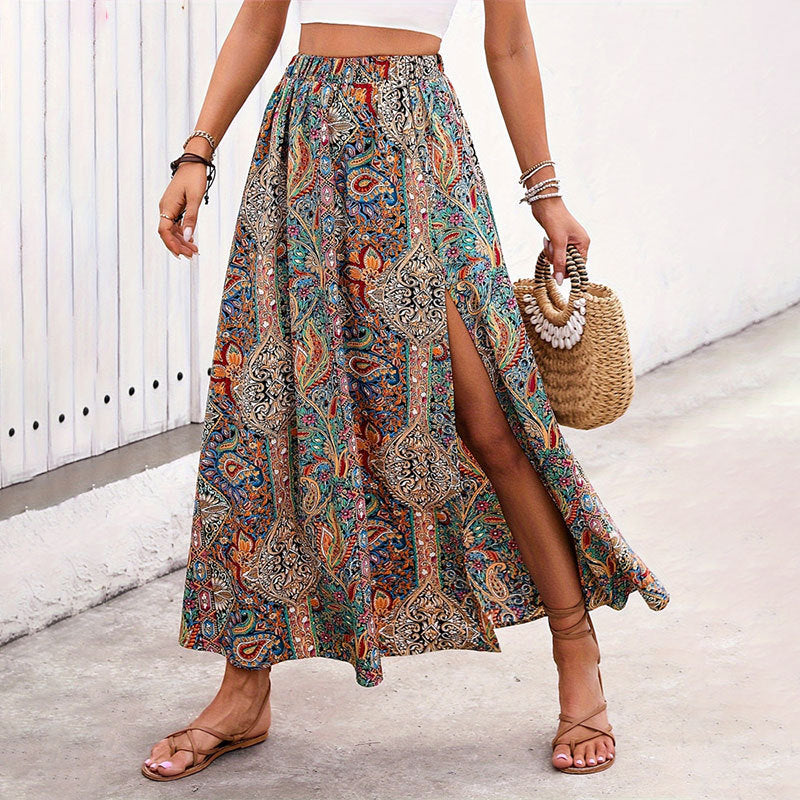 Paisley Print Side Slit Maxi Skirt - Green