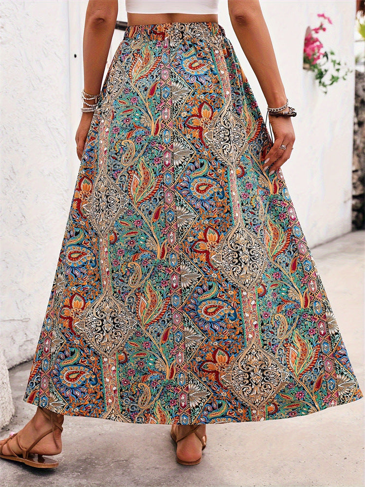 Paisley Print Side Slit Maxi Skirt