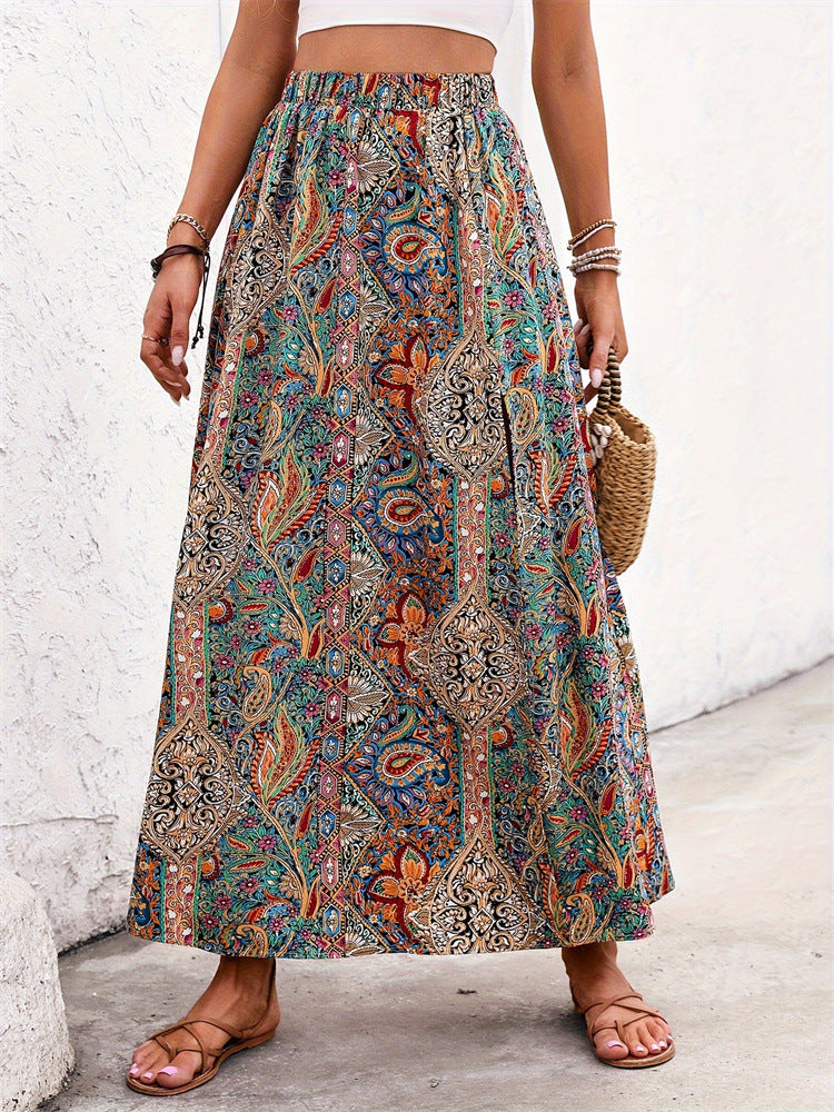 Paisley Print Side Slit Maxi Skirt - view 1