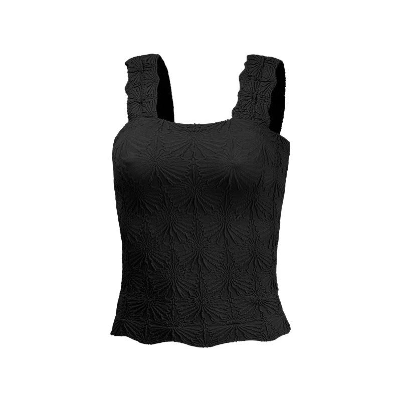 Floral Jacquard Square Neck Fitted Tank - Black