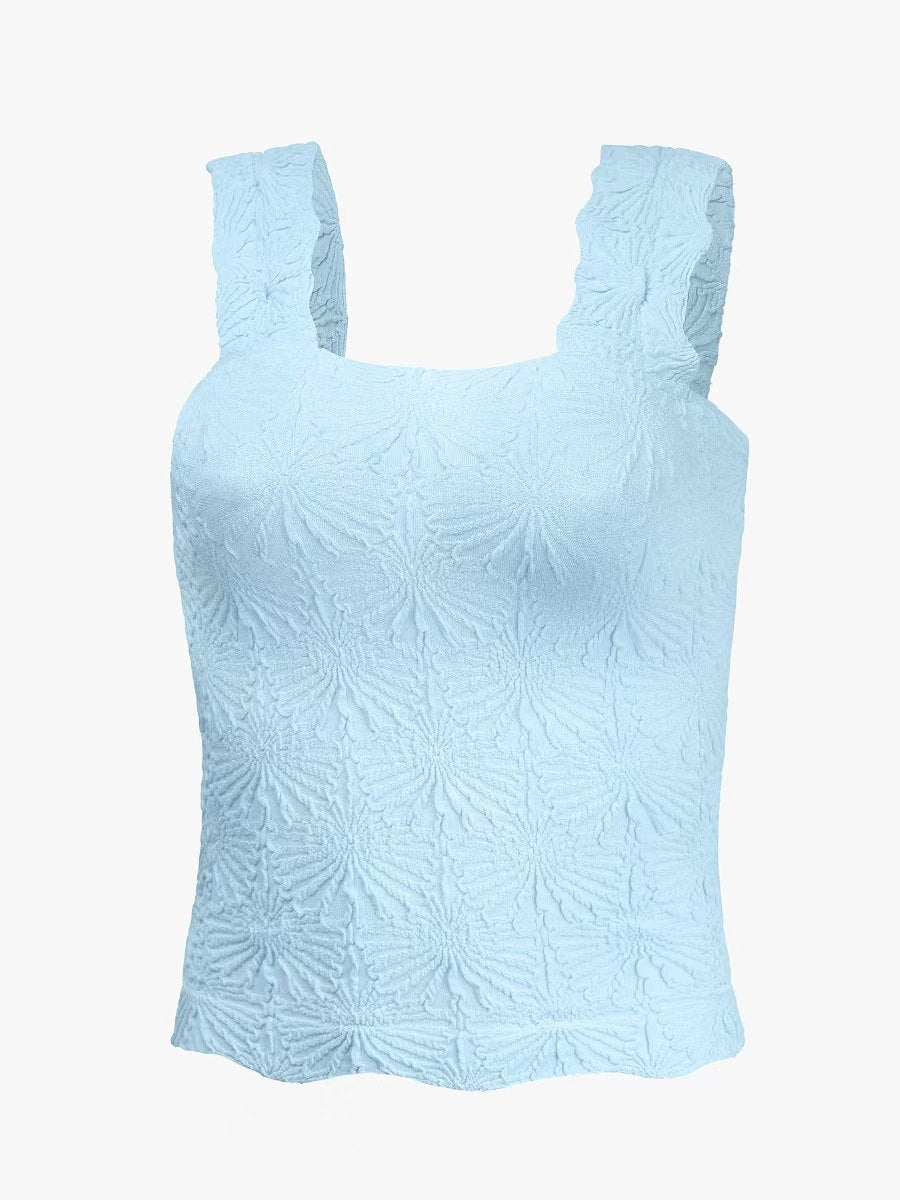 Floral Jacquard Square Neck Fitted Tank - LightBlue
