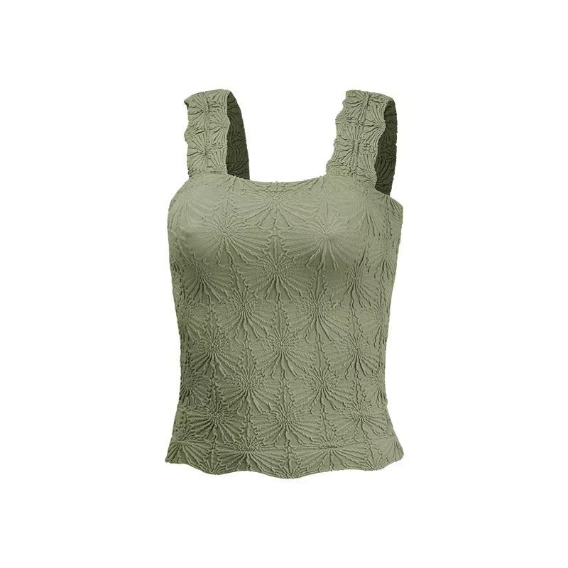 Floral Jacquard Square Neck Fitted Tank - Olive