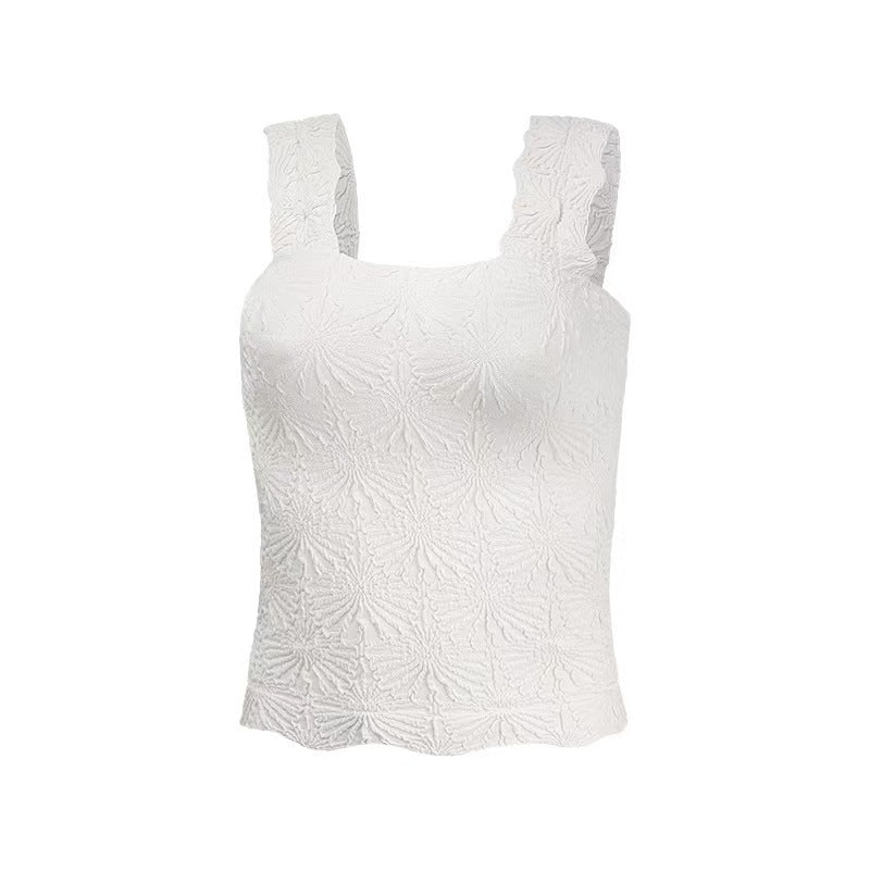Floral Jacquard Square Neck Fitted Tank - White - 1