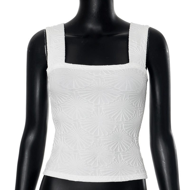Floral Jacquard Square Neck Fitted Tank - White - 3