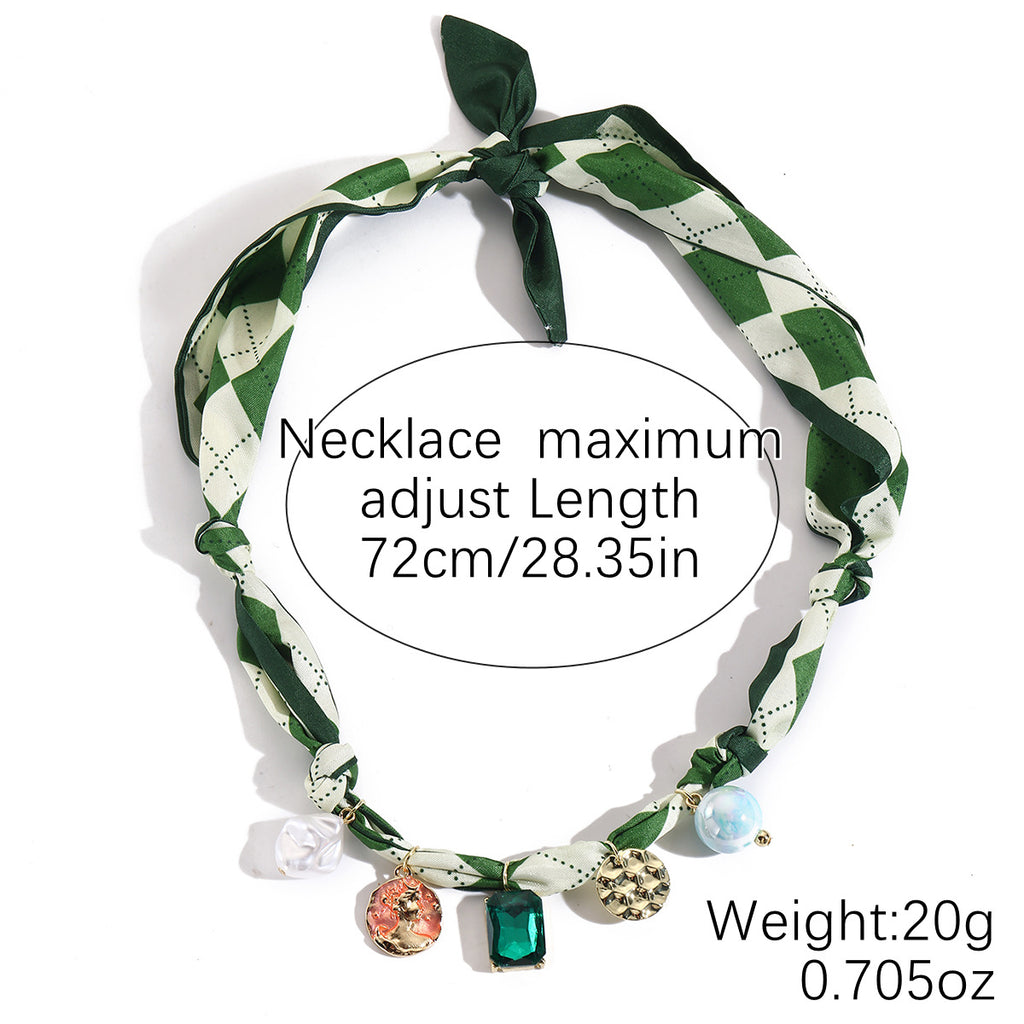 Wrapped Scarf Charm Necklace in Boho Choker Style - Emerald