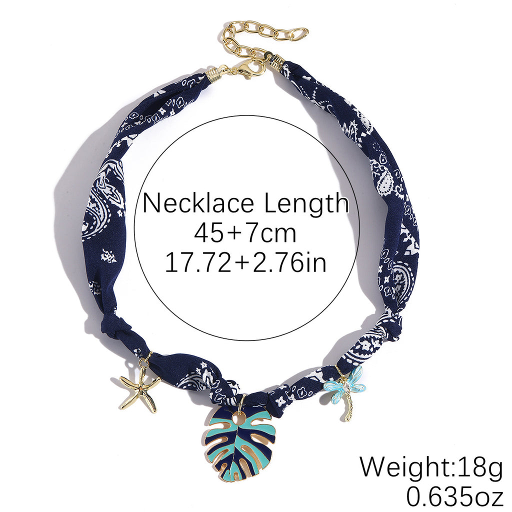 Wrapped Scarf Charm Necklace in Boho Choker Style - Navy