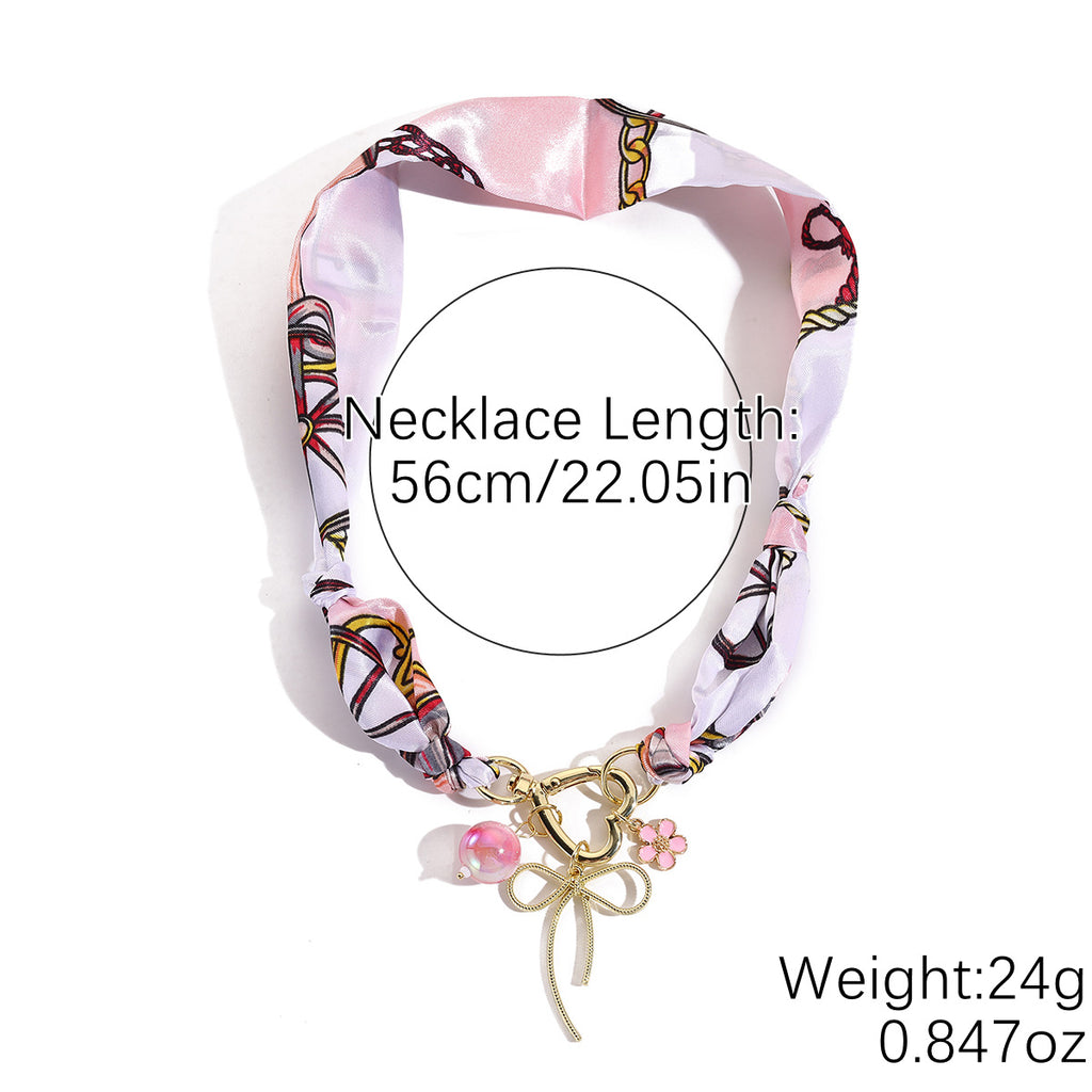 Wrapped Scarf Charm Necklace in Boho Choker Style - Pink