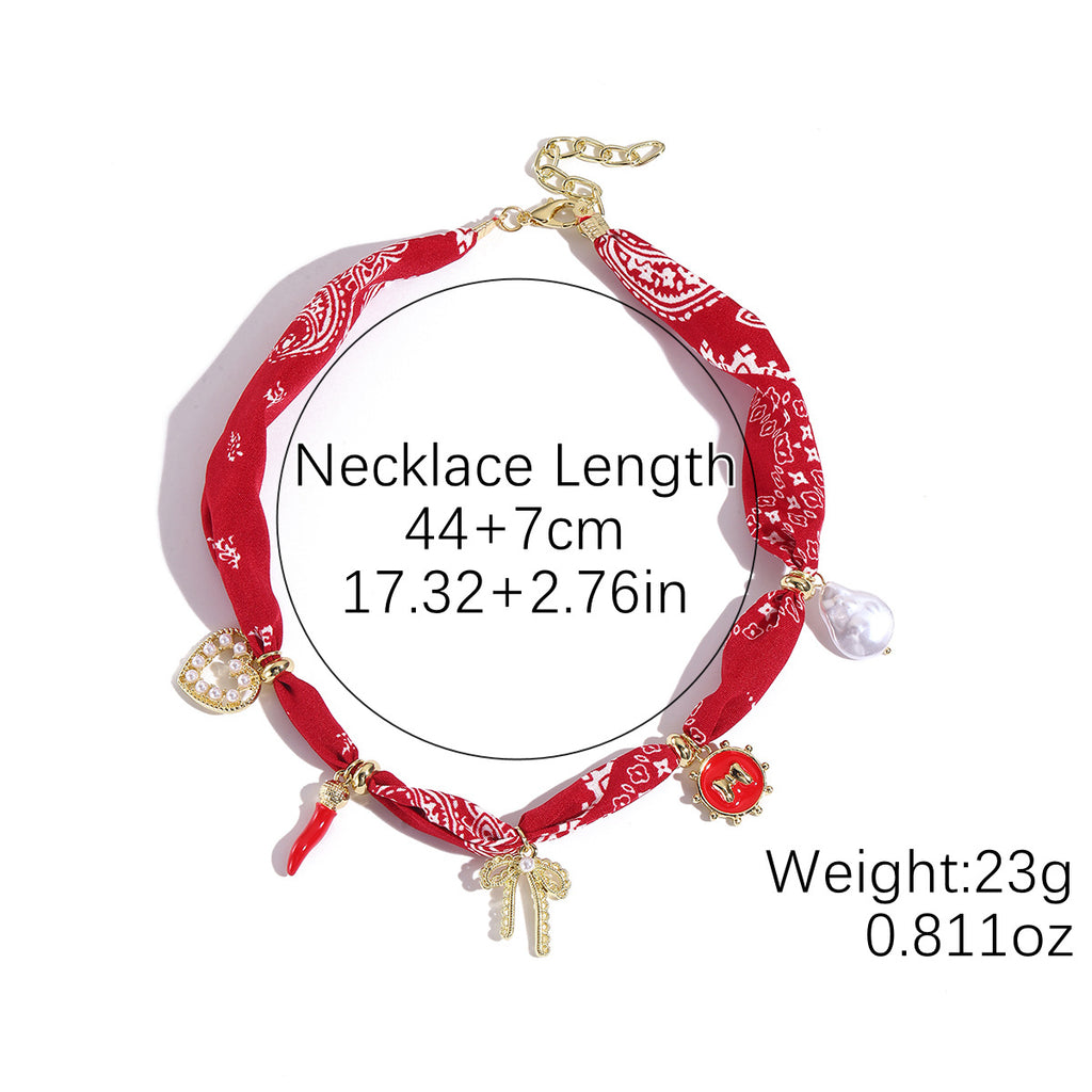 Wrapped Scarf Charm Necklace in Boho Choker Style - Red