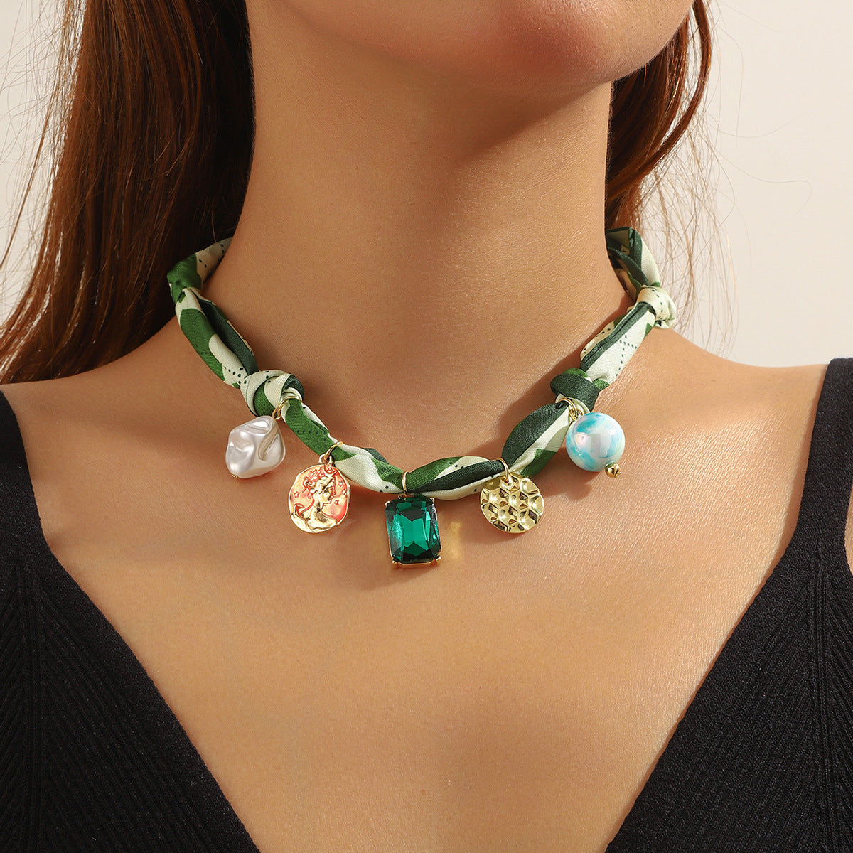 Wrapped Scarf Charm Necklace in Boho Choker Style