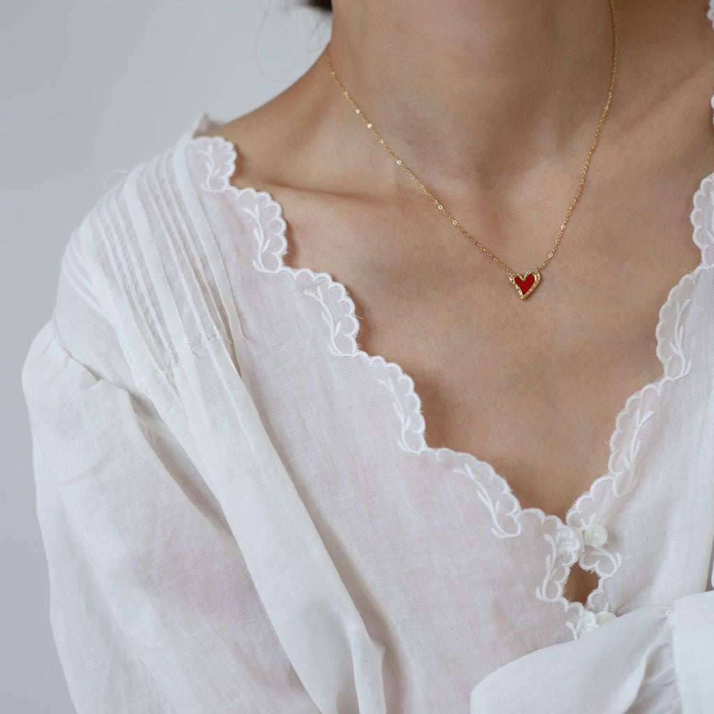 Enamel Heart Pendant Dainty Chain Necklace - Gold - 5