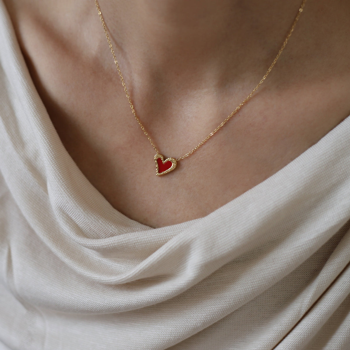 Enamel Heart Pendant Dainty Chain Necklace - Gold - 7